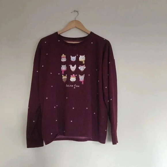 CATS Vintage Y2k Pajama Top MEOW! Animal Sweater Maroon Womens Large - Picture 4 of 6